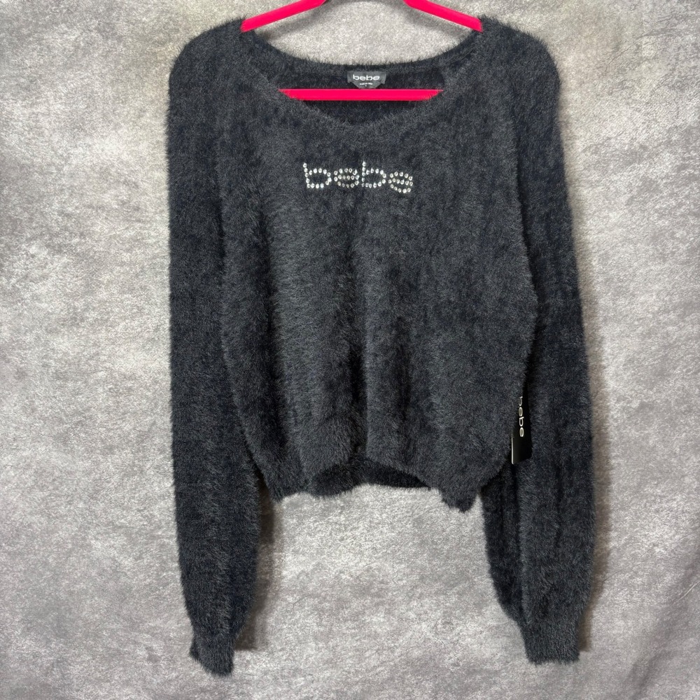 Bebe Black Eyelash Knit Fuzzy Cropped Sweater Size L Rhinestone Logo Y2K Baddie